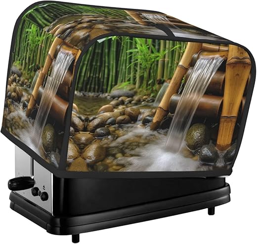 Bamboo Waterfall Toaster Cover 2 Slice, Waterproof Bread Machine Covers with Pockets Universal Size Kitchen Small Appliance Cover with Handle, Dust and Fingerprint Protection