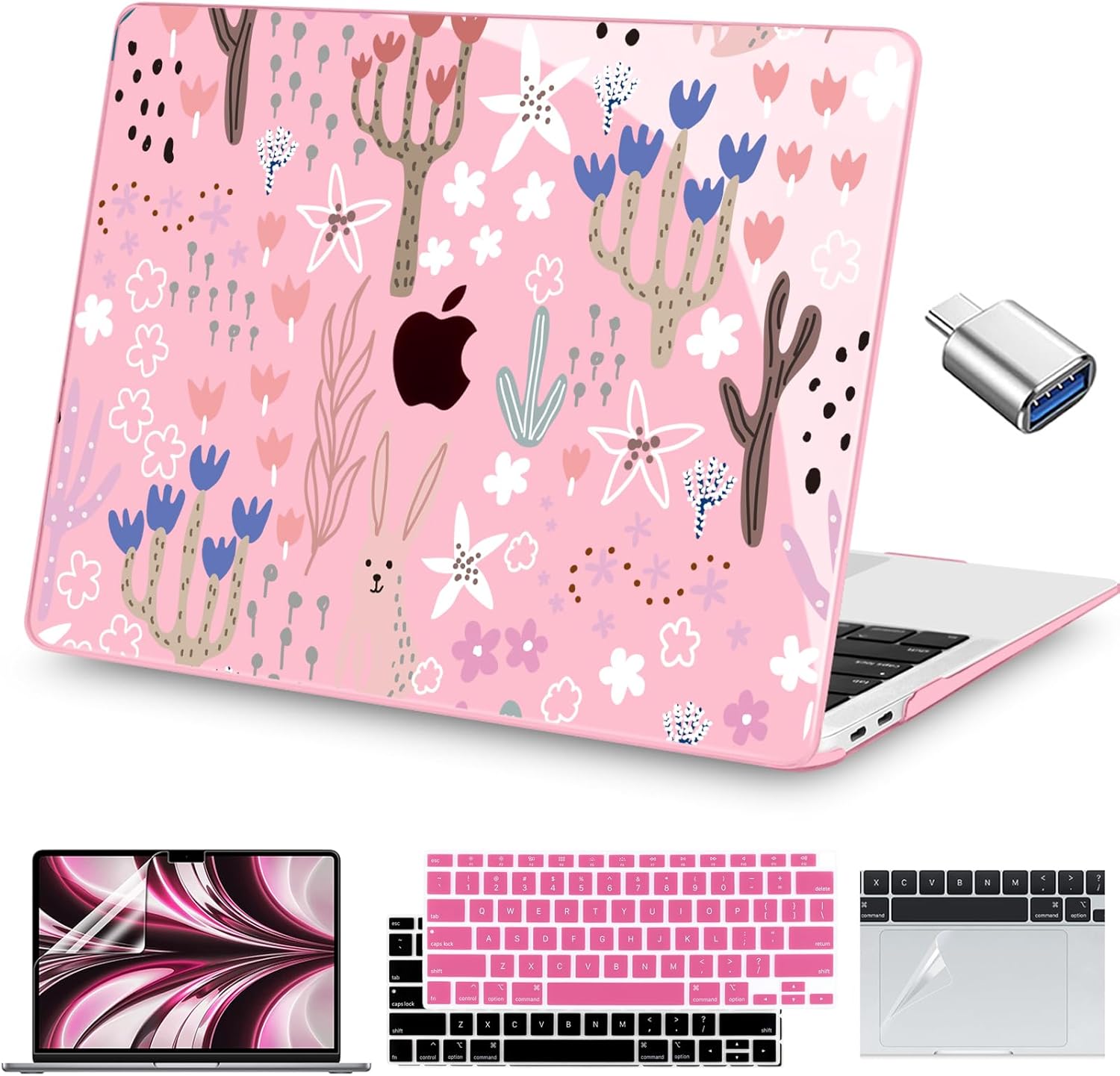 Teryeefi Compatible with M1 MacBook Air 13 inch Case 2021 2020 2019 2018 Release A2337 A2179 A1932 with Touch ID, Protective Plastic Hard Shell Case + Keyboard Cover - W-Abstract Pink Flower