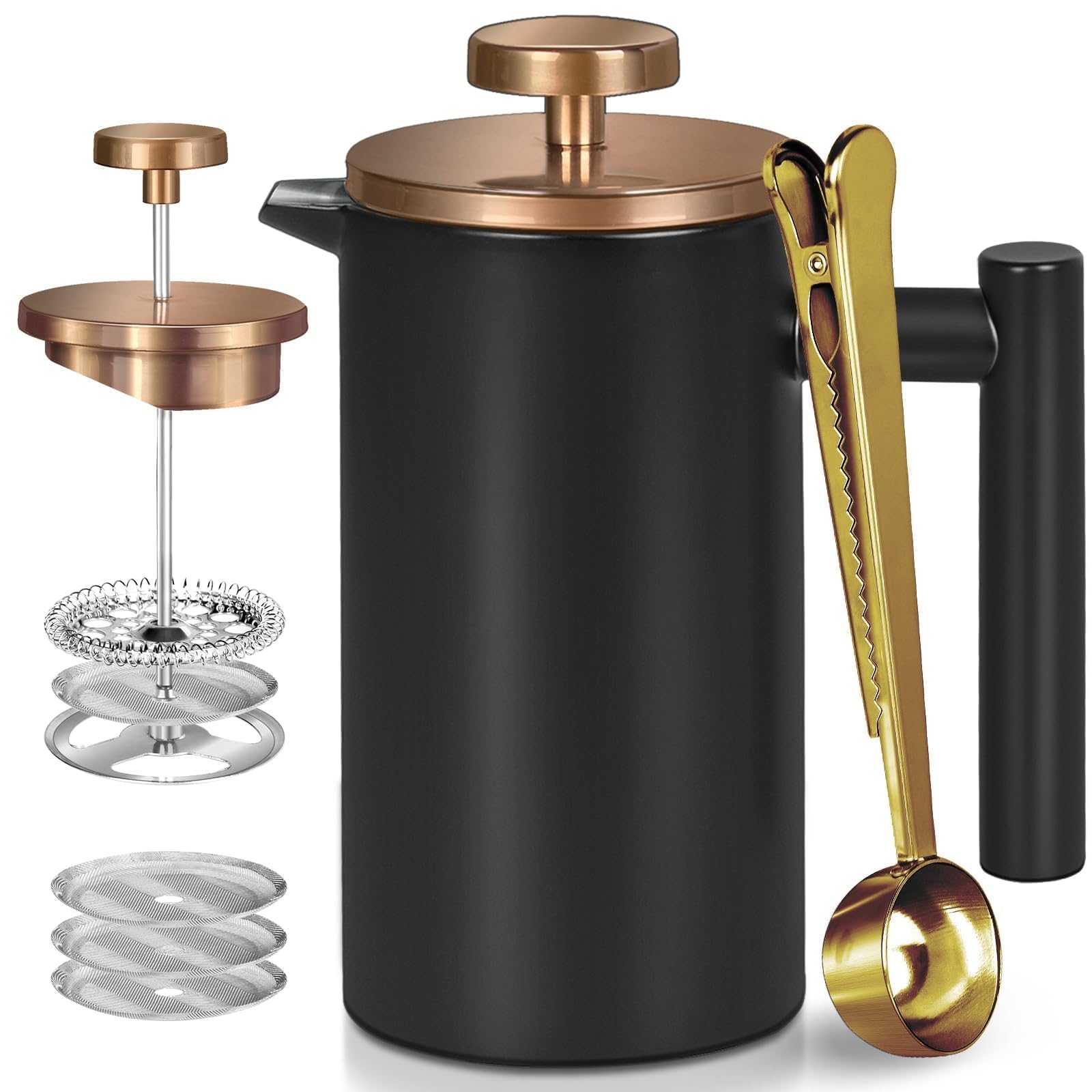 Edelstahl French Press Kaffeepresse 600ml, doppelwandige isolierte French Press, für Kaffee und Tee, mit 3 zusätzlichen Sieben und einem Kaffeelöffel, schwarz