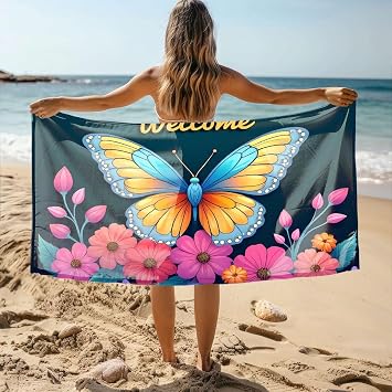 Microfiber Hair Towel A Colorful Butterfly Surrounded By Vibrant Flowers with The Word Welcome Above It. Bath Towel Beach Towels Oversized Gym Towels