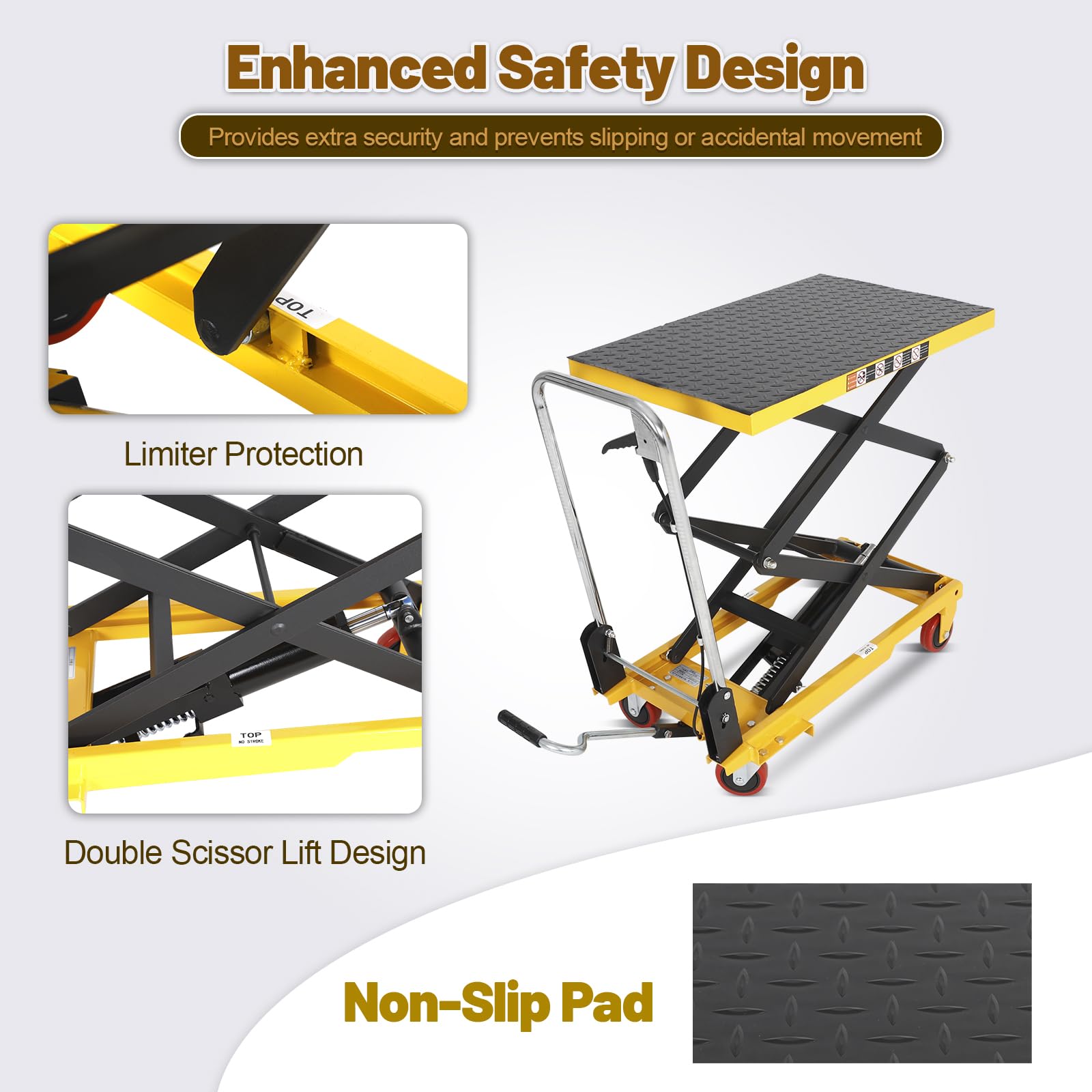 Double Scissor Hydraulic Lift Table Cart with Foldable Handle, 330 lbs Capacity, 11"–50" Lifting Range Manual Hydraulic Lift Cart with Anti-Slip Platform & 4 Wheels for Material Handling