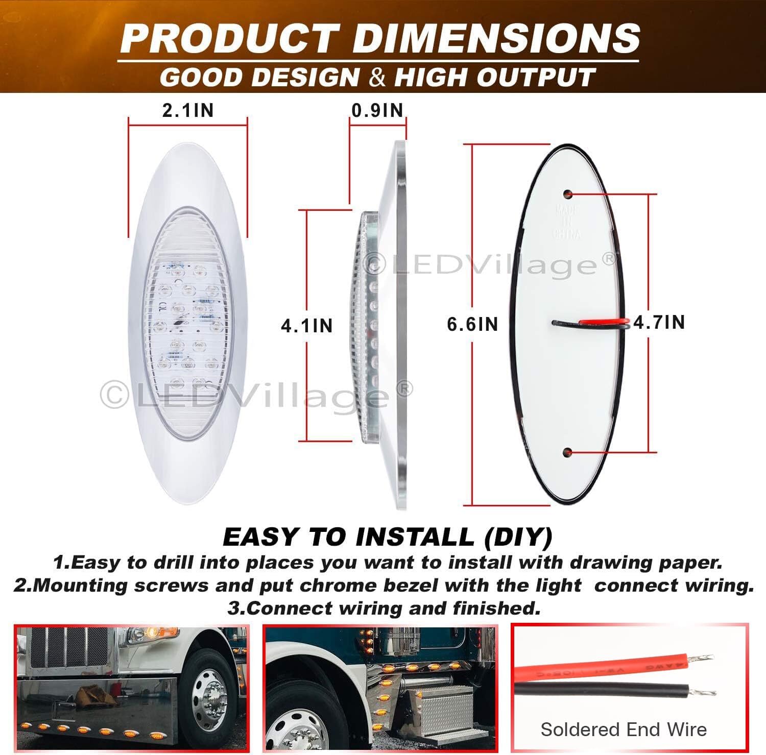 23 Pcs 6.5” Oval LED Clear Lens Amber Side Marker Lights 16LED Clearance Lights with Chrome Bezel Replacement 12V DC for Truck Peterbilt Kenworth Freightliner