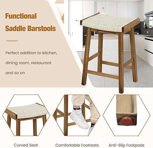 Miniatura 7 de COSTWAY Juego de 2 taburetes de comedor de 25.5 pulgadas de altura de mostrador con asiento tejido de algas marinas, madera de goma, marco de madera