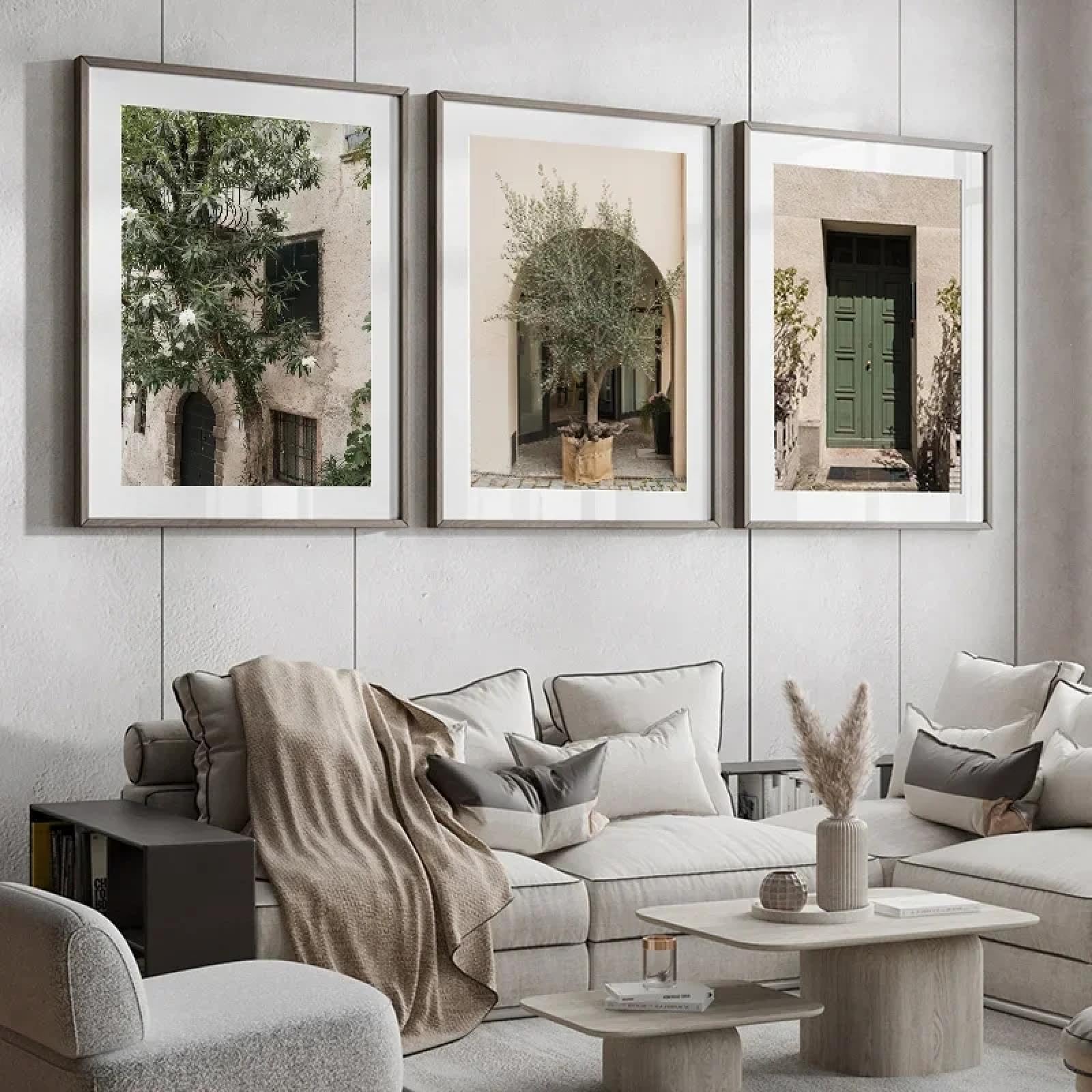 LZJAGXX Nordic City Landscape Art Posters Modern Minimalist Green Olive Tree Canvas Painting Print Pictures Living Room Home Decor 60x80cmx3 Frameless