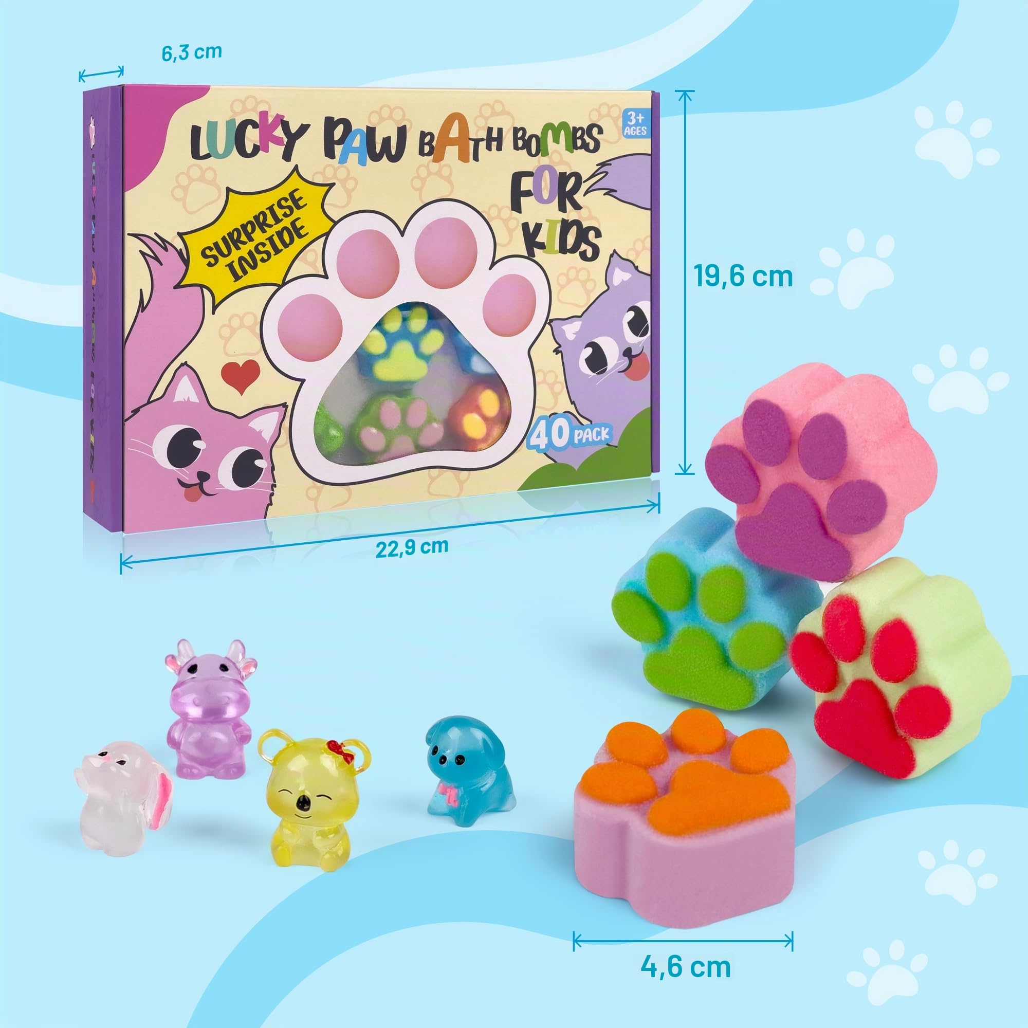 Bombes de bain pour enfants avec surprise à l'intérieur, lot de 40 grands nombres de bombes de bain en forme de patte pour enfants, ensemble cadeau naturel bio pour enfants filles et garçons avec