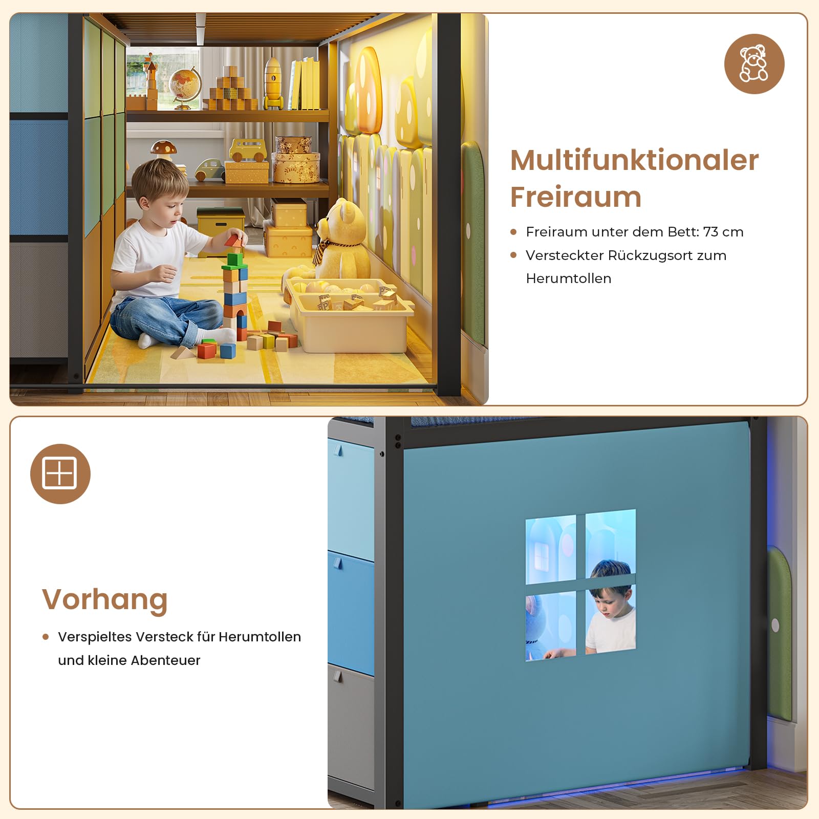 AOGLLATI Hochbett 90x200 mit LED, 9 Schubladen, Treppe als Ablagen nutzbar | Kinderbett mit Rausfallschutz 32 cm, Spielvorhang, Spielbereich unter dem Bett für Kinder, Grau+Blau, ohne Matratze