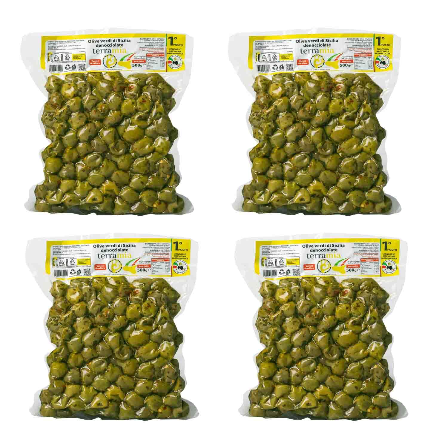 Terramia Olive Verdi Denocciolate Condite con Aromi Secchi e Olio EVO – Prodotto Artigianale da Azienda Premiata Ercole Olivario e Monna Oliva, Formato Scorta 2kg (4 Buste x 500g)