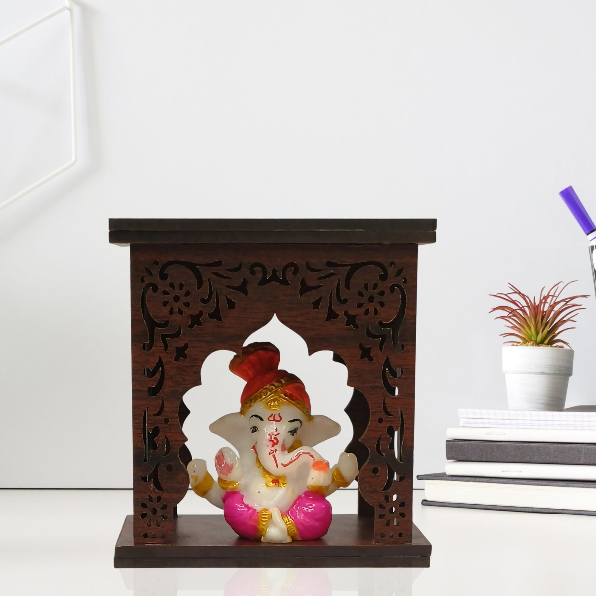 EXPLEASIA Pagadi Ganesha Idol with Wooden Temple for Home mandir| car Dashboard| Gift Items | Festival Item| showpiece| Temple Decor - Image 4 thumbnail