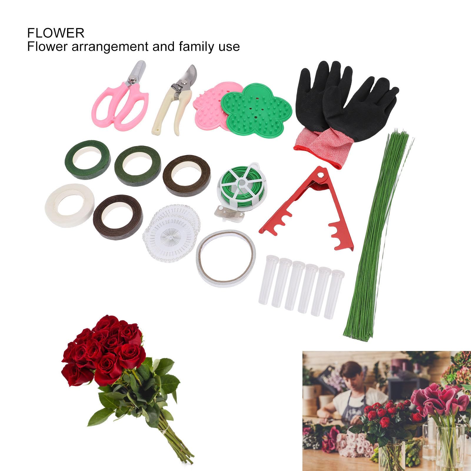 Kit de Herramientas para Arreglos Florales, Suministros para Hacer Ramos con Quitaespinas de Rosas, Tijeras, de Jardinería, Alfileres para Ramilletes, Cintas de Agua, Alambres para Tallos