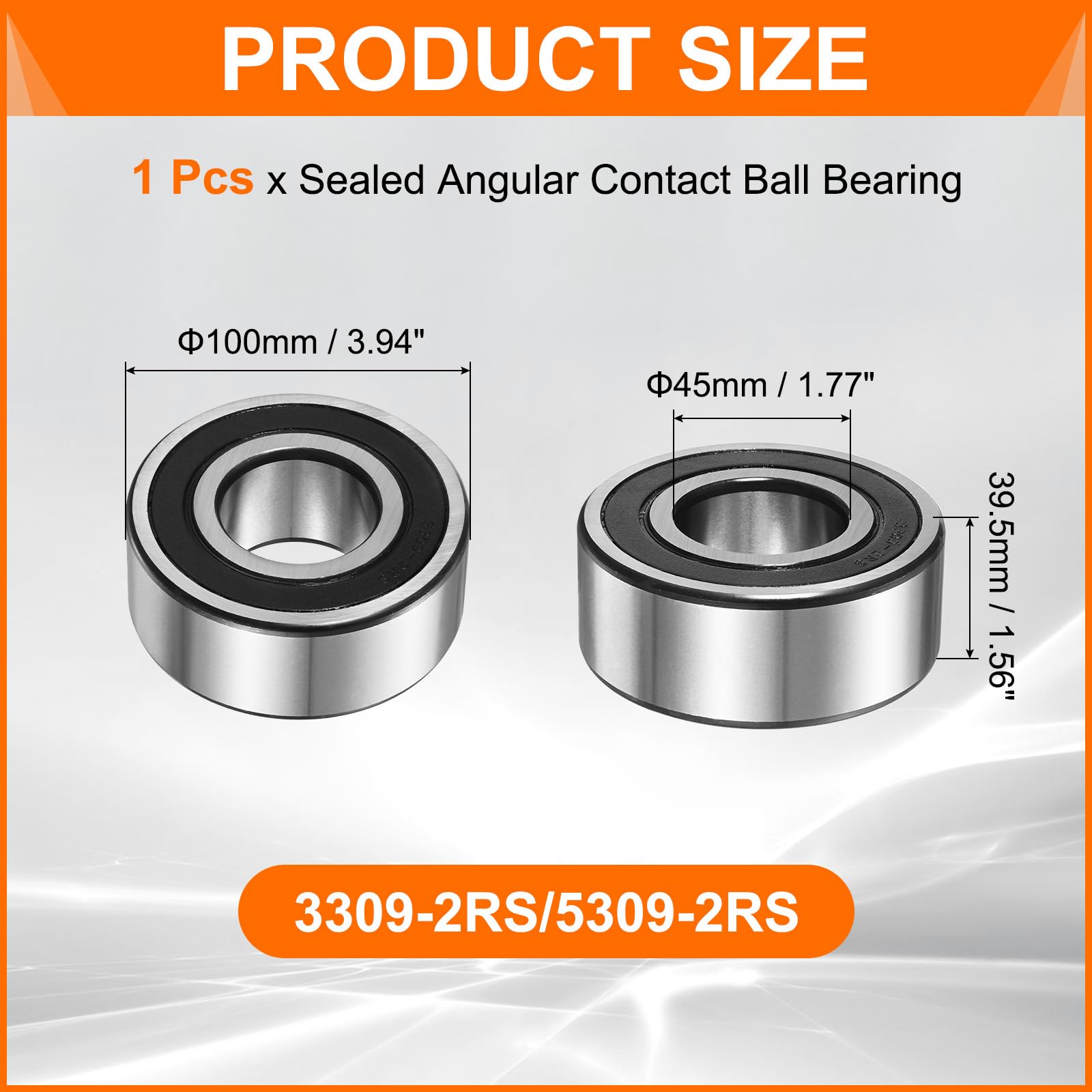 sourcing map 3309-2RS/5309-2RS Rodamiento de bolas de contacto angular sellado de doble fila, 45 x 100 x 39,5 mm, rodamientos de bolas para motor eléctrico, bombas, compresores, maquinaria agrícola