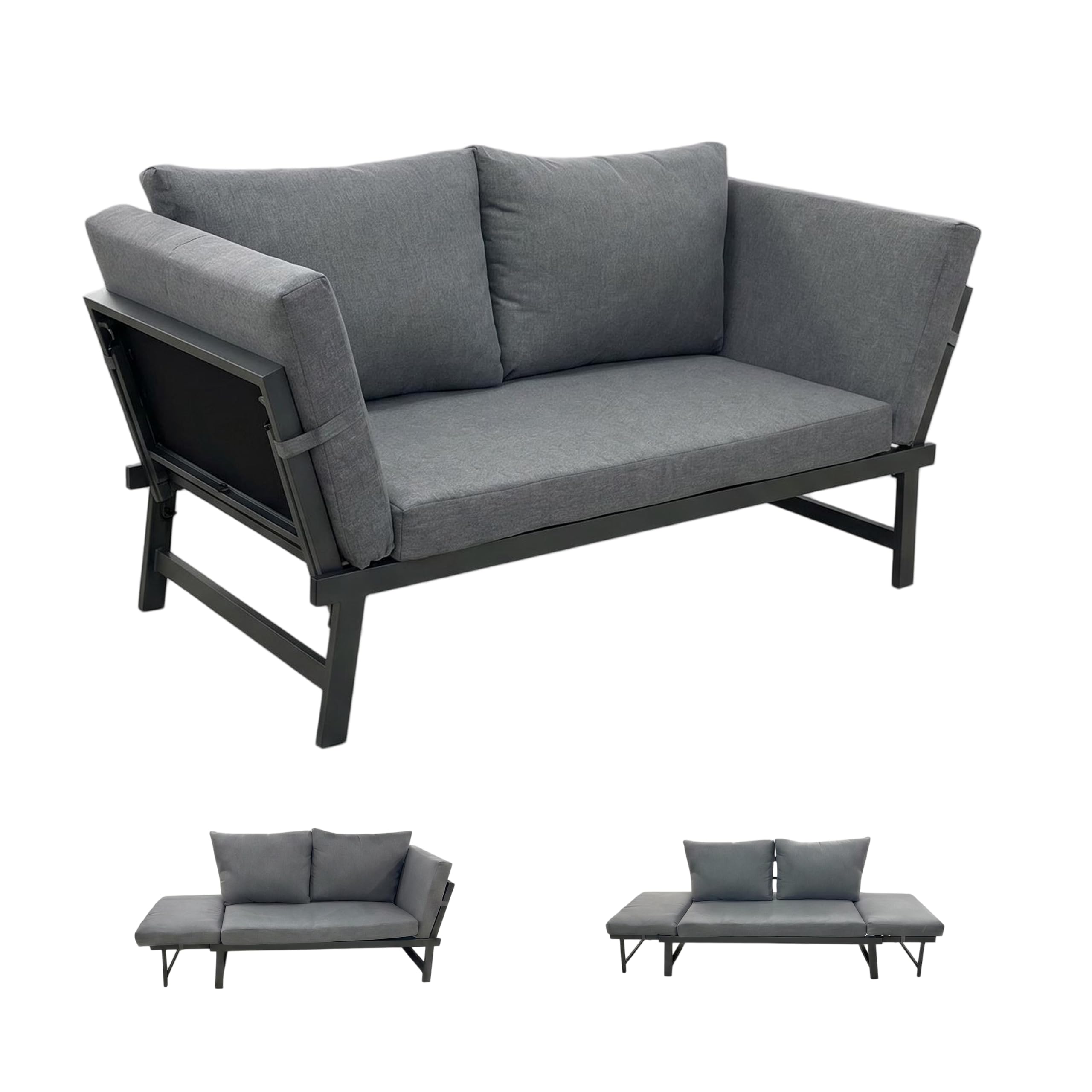 Klappbares 4 in1 Garten-Loungesofa mit Verstellbarer Rückenlehne und abtrennbarer Seitenliege, wetterfestes Stahl-Textilene-Gestell inklusive dickem Polyester-Kissen, geeignet für Terrasse