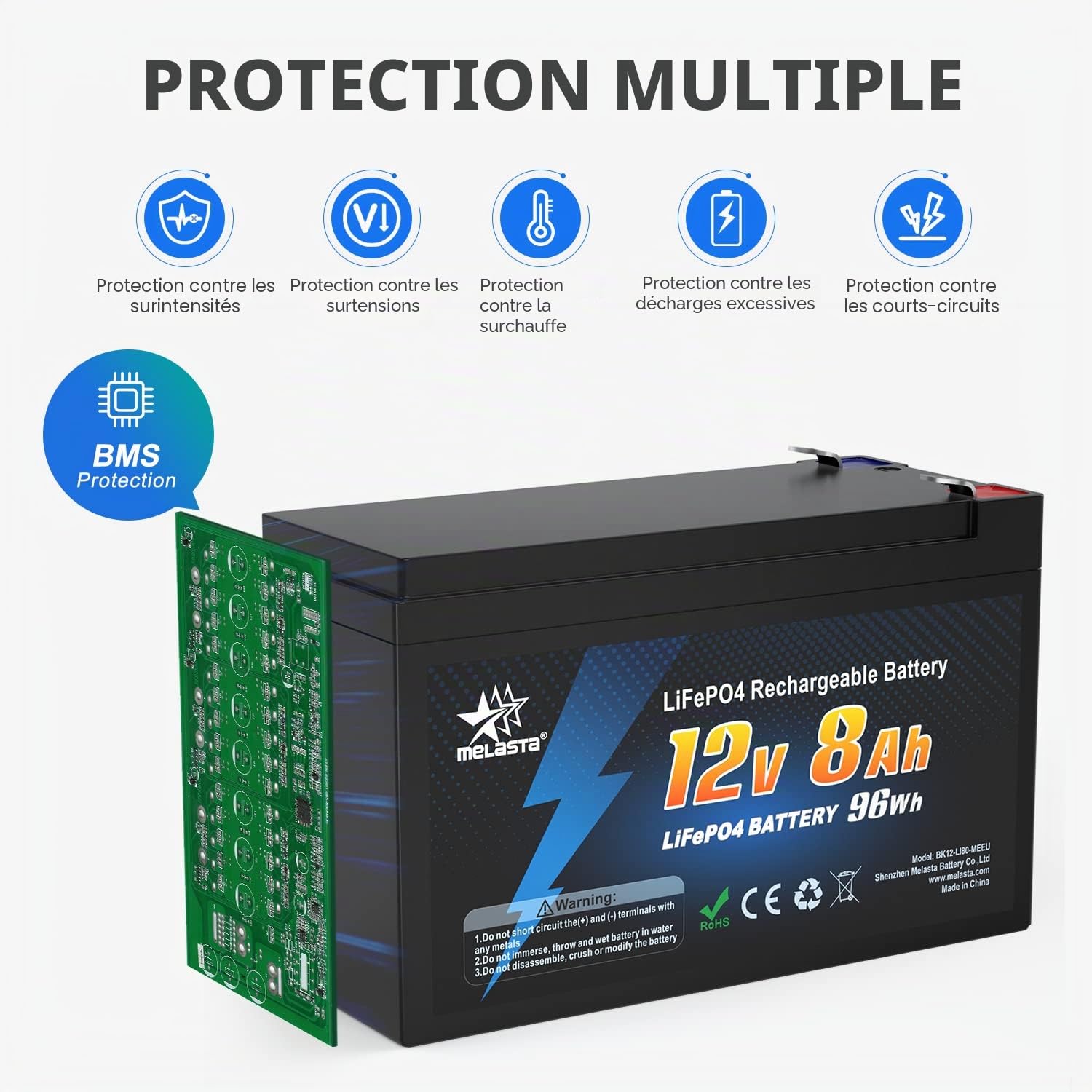 melasta 12V 8Ah LiFePO4 Batterie 2000 Cycles Profond avec Protection BMS Batterie Rechargeable pour RV Campings, Kit Photovoltaïque, Bateau, Scooter, Moteur de Remorquage, Solaire Caravan