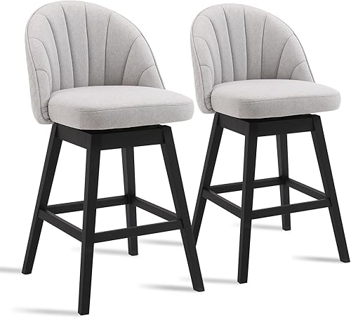 Juego de 2 taburetes de bar giratorios de altura de mostrador, 360 pulgadas de alto, sillas de comedor de tela de lino con patas de madera maciza,