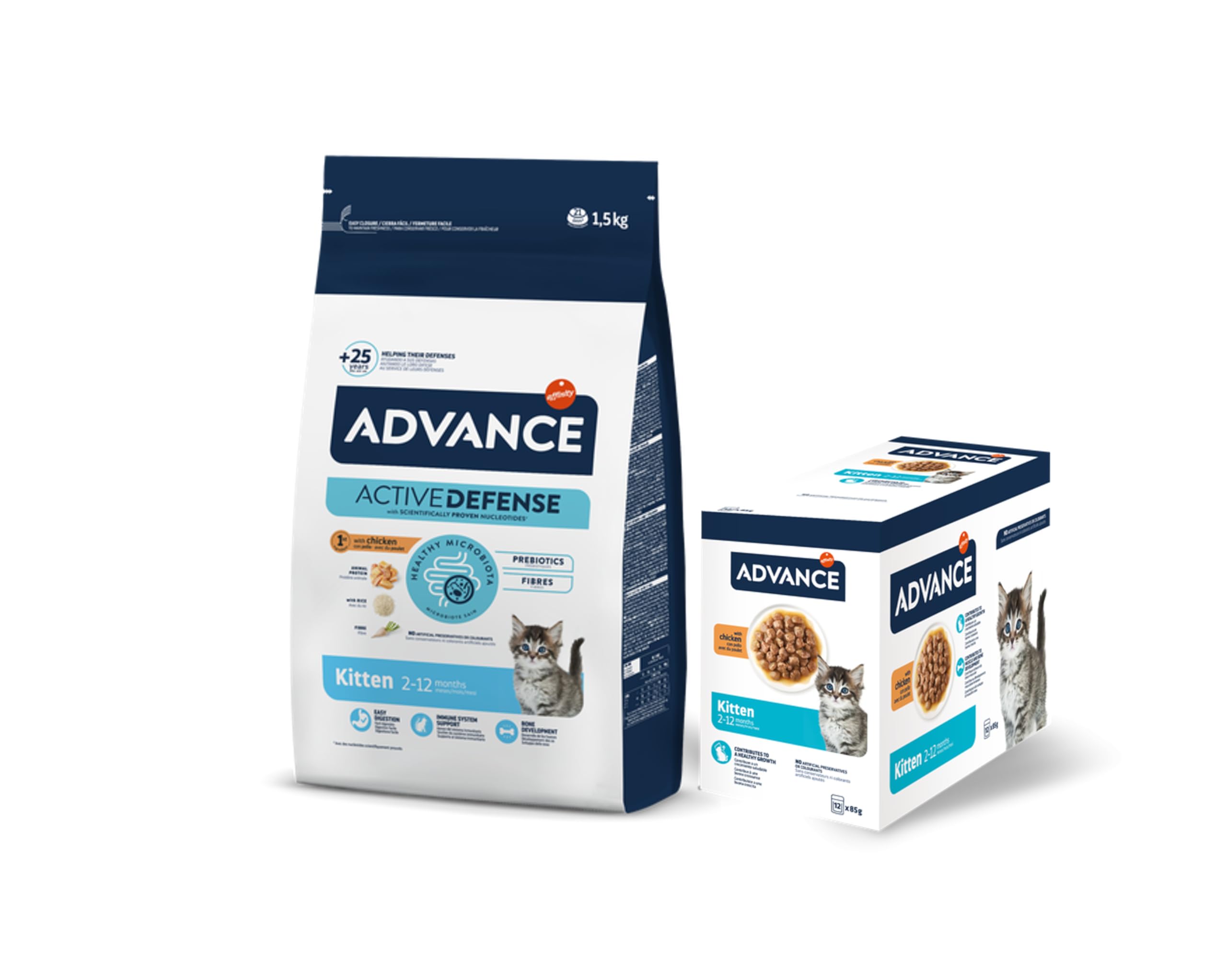 Pack de Advance Cat Kitten, Pienso para Gatitos Kitten con Pollo, 1,5kg + Comida Húmeda para Gatitos con Pollo, Multipack 12 x 85g