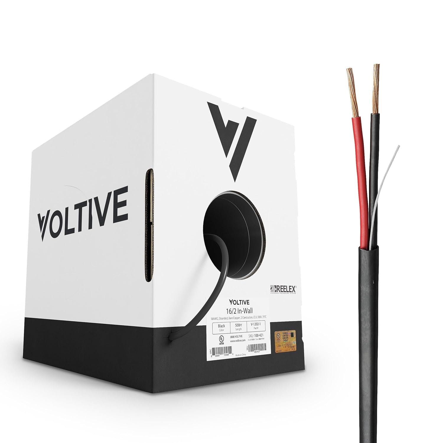 Voltive 16/2 Speaker Wire, in-Wall CL3, Black, 1000ft - 16AWG, 2 Conductors, Stranded Oxygen-Free Copper, UL Listed - V-1202-3