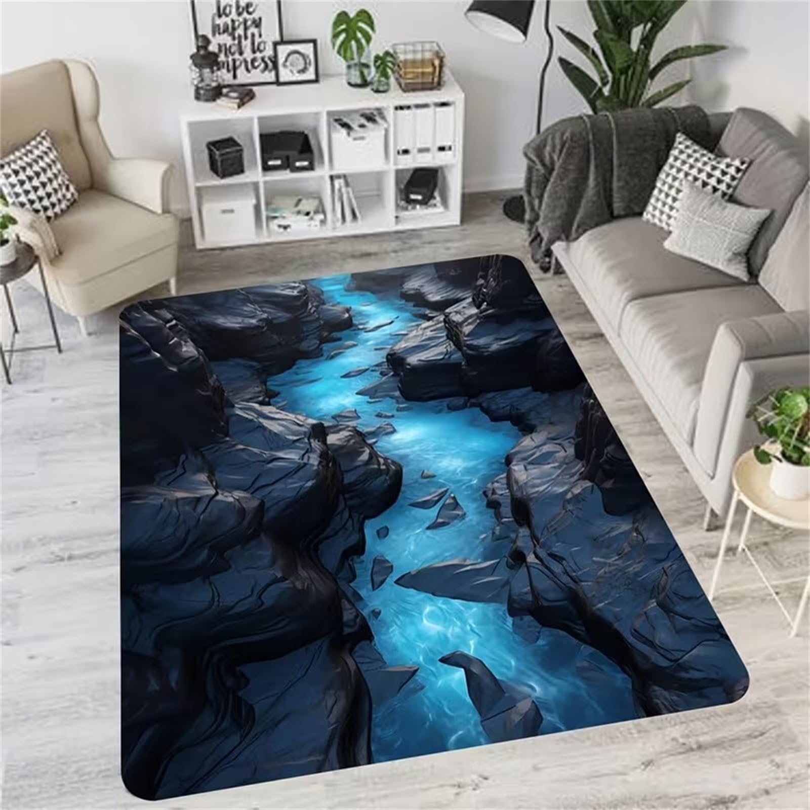 USHIRUG Optical Illusion Area Rug, 180x230cm,3D Printed Black Rocks Blue River Natural Landscape Living Room Carpet, Washable Non-slip Absorbent Indoor Carpet for Entrance, Bedside Home Decor — image 1