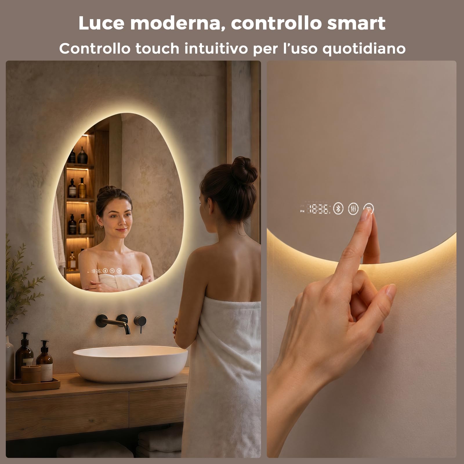 S'AFIELINA Specchio Bagno con Luce LED Asimmetrico 75x55 cm Bluetooth | Specchio LED Bagno Retroilluminato, Antiappannamento, Touch,3 Colori di Luce, Dimmerabile, Orologio Integrato