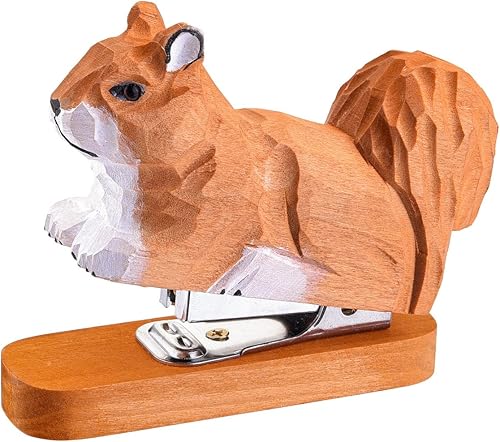 Miniatura 2 de Yoption Grapadora de animales de madera, ardilla de escritorio, hecha a mano, escultura de estatua de tallado de madera para niños, escuela,