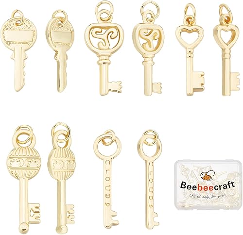 Beebeecraft Juego de 20 dijes de llaves de 5 estilos chapados en oro de 18 quilates con diseño de esqueleto colgantes suministros de manualidades Beebeecraft Juego de 20 dijes de llaves de 5 estilos chapados en oro de 18 quilates con diseño de esqueleto colgantes suministros de manualidades