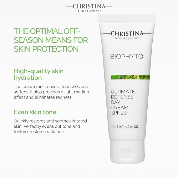 CHRISTINA- Bio Phyto Ultimate Defense Day Cream Moisturizer SPF 20-75 ml | Broad Spectrum UVA/UVB Protection Facial Moisturizer with Hyaluronic Acid & Vitamin B12 for Normal & Combination Skin
