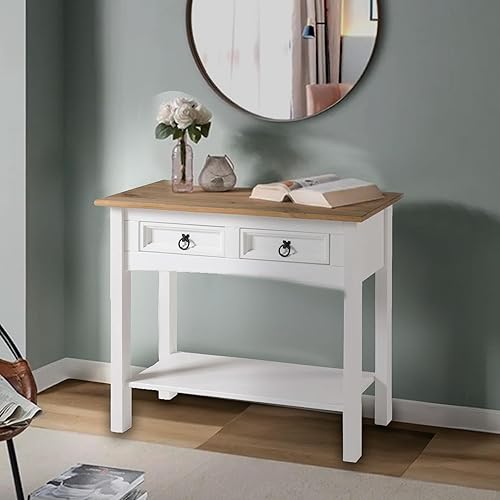 Furniture Dash Mesa de pasillo de madera maciza con 2 cajones de 34.4 pulgadas de ancho, 12.6 pulgadas de profundidad, 28.8 pulgadas de alto, mesa