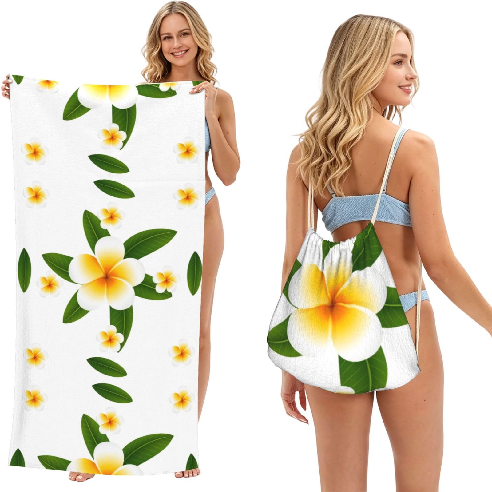 Poadnly As Picture Seamless Background Design With Plumeria And Leaves, 2 In 1 Packable Towel Bag, Beach Towels With Drawstring Backpack For Travel Holiday Camping