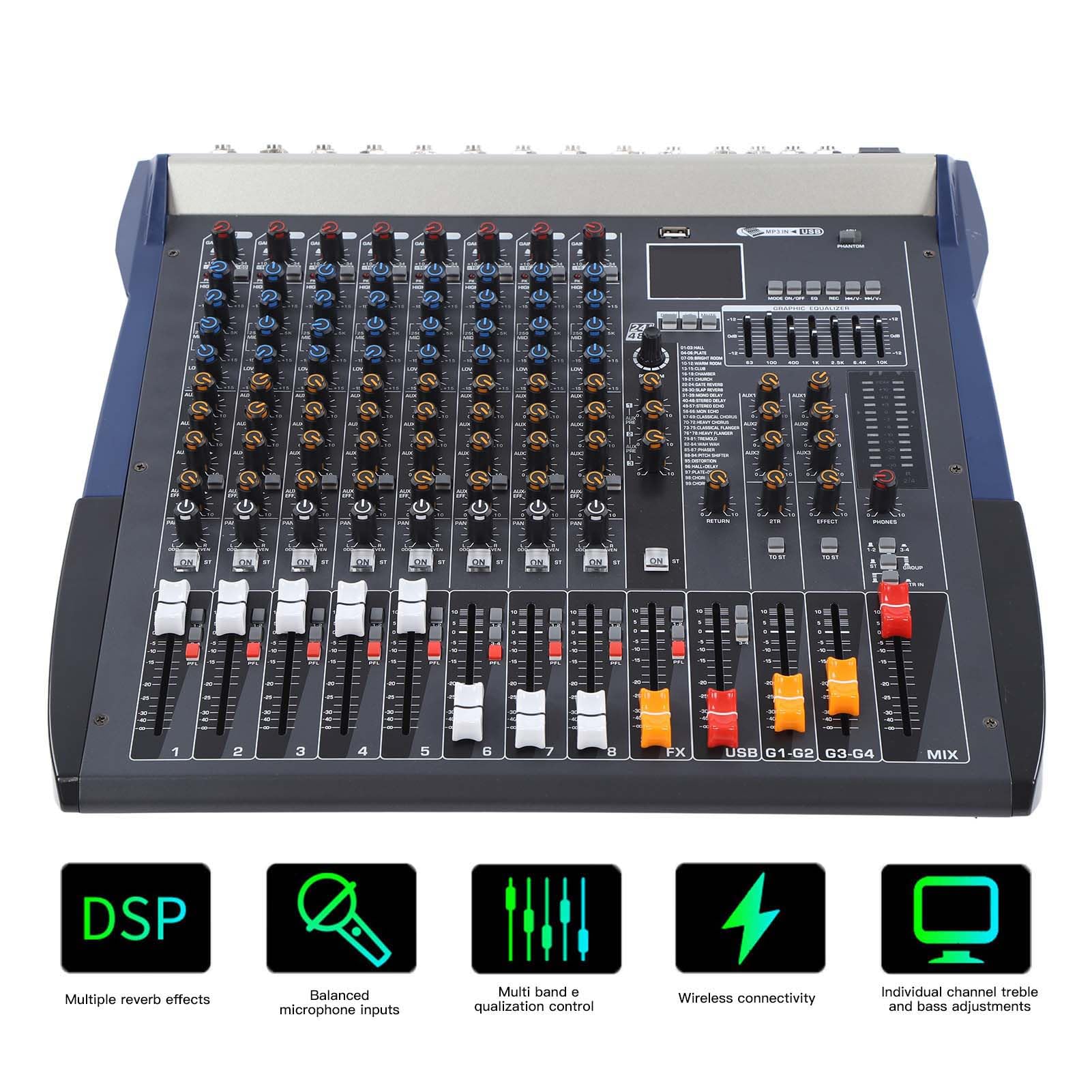 Shanrya Mixer Professionale Console di Missaggio con Ingresso MP3 USB Chip DSP Wireless a 8 per Performance sul Palco (Spina Europea)