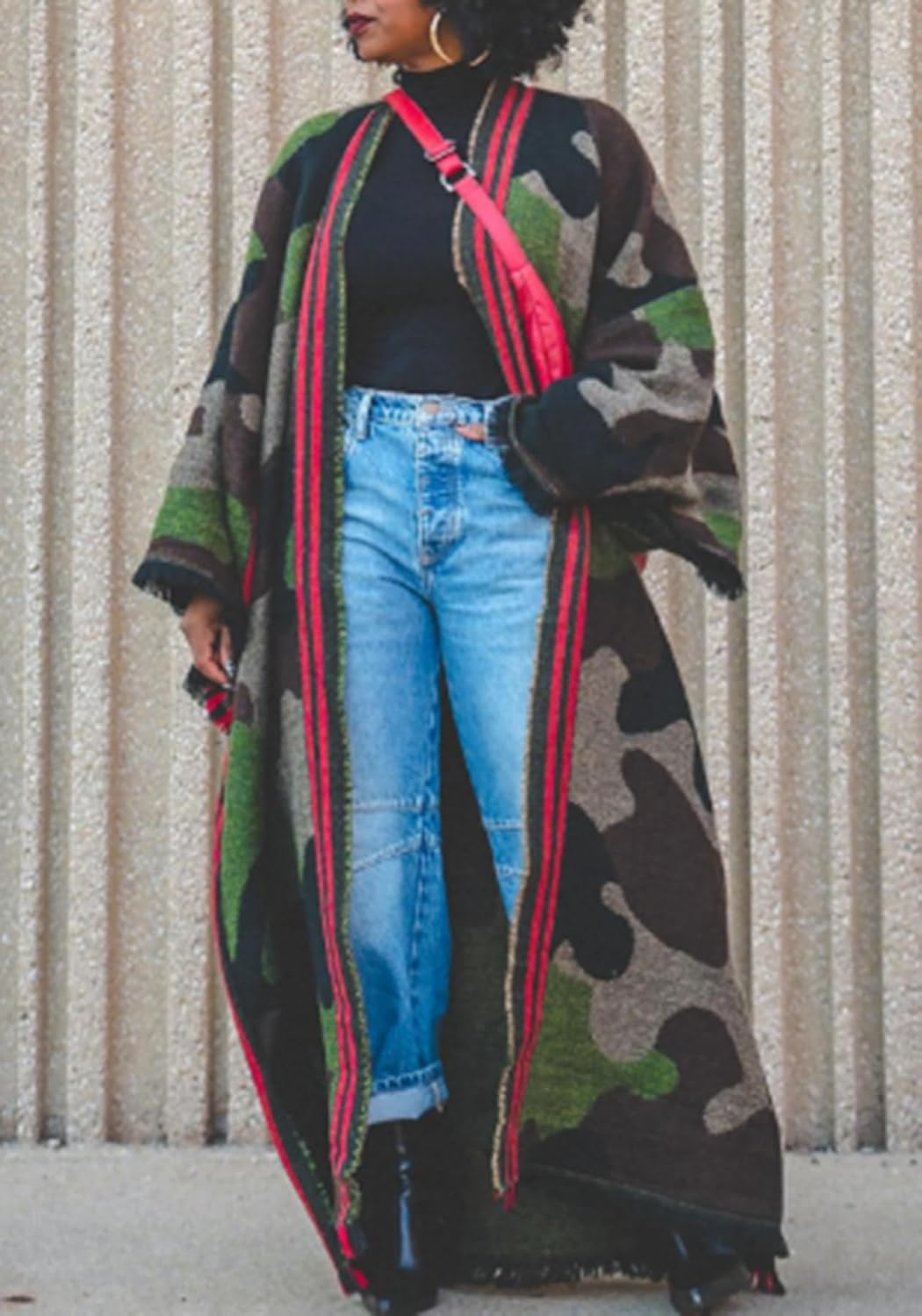 LETSVDO Women's Long Camo Cardigan Poncho Open Front Fringe Knit Sweaters Color Block Duster Kimonos Maxi Cape Coats - Image 2