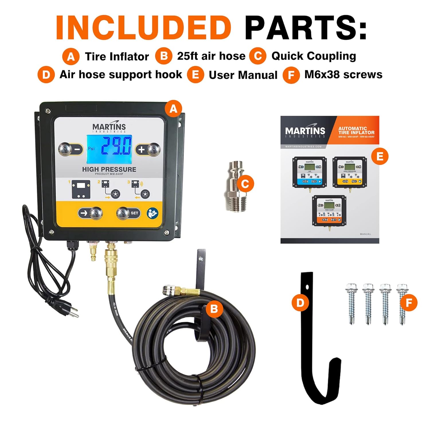 Martins Industries MW-64HP Automatic Tire Inflator 195 PSI, 1 Outlet, 9" Length, 3.5" Height, 10.5" Width, Yellow