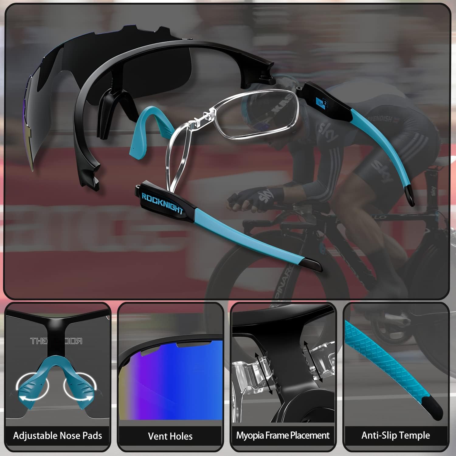 ROCKNIGHT UV Polarized Fishing Sunglasses Men Hiking Travel Outdoor Mirrored Blue Sunglasses Sports TR90 Black Frame