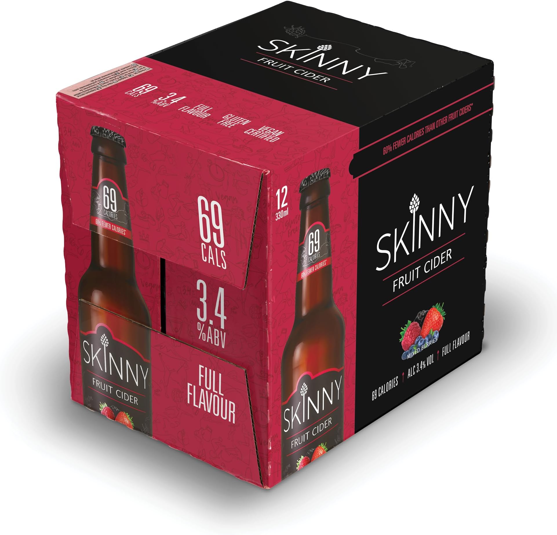 Skinny Fruit Cider Mixed Berries, 3.4% Cider, Gluten FREE Cider, Full Flavoured Cider, Low Calorie Cider, Zero Sugar Cider, Vegan Certified Cider, Premium Taste, 12x330ml Bottles