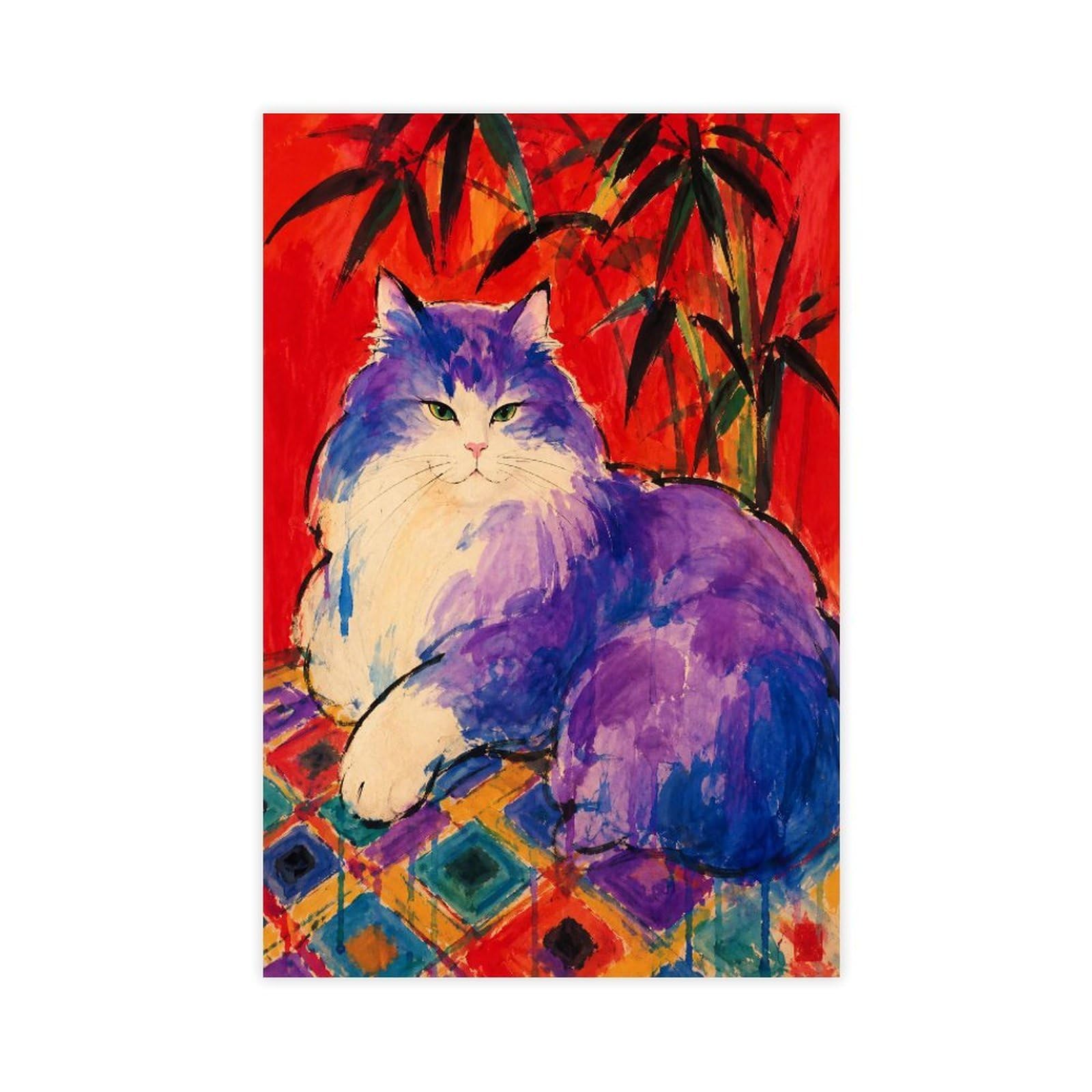 H3b8u2y5 Unframe-Style-22 Colorful Cat On Rug Canvas Wall Art, Realist Painting Entryway