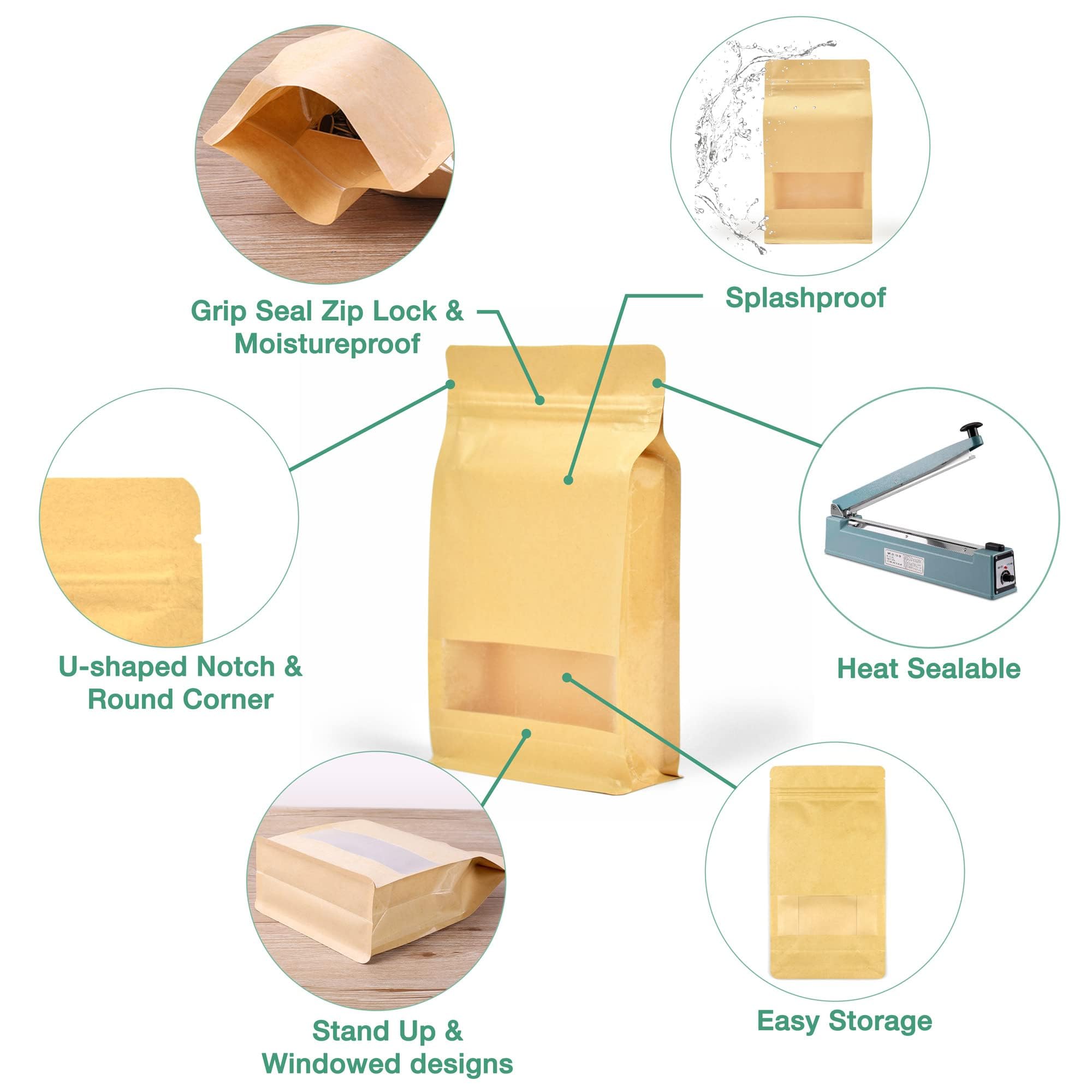Evergreen Goods Wiederverwendbare Folien-gefütterter Zip-Lock-Griff, stehbar, wiederverschließbar, braunes Kraftpapier, Lebensmittelqualität, Standbeutel, Verpackungsbeutel (100, 200 x 300 mm)