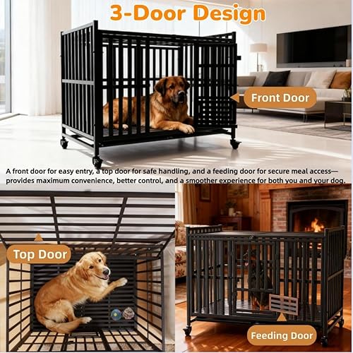 Miniatura 5 de Jaula indestructible de alta resistencia para perros grandes, perrera de metal a prueba de fugas con ruedas bloqueables y bandeja extraíble, marco