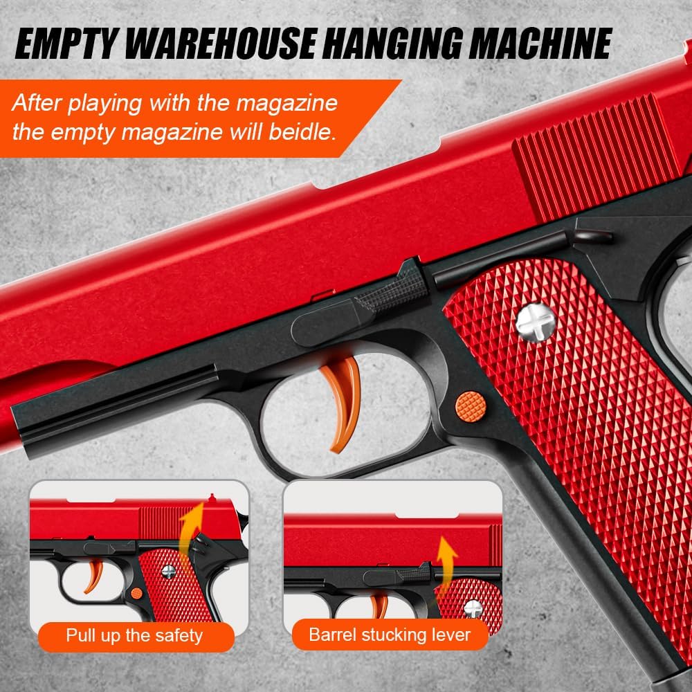 2Pack 1911 Shell Ejecting Pistol Toys Gun - Semi-Automatic Handgun with Soft Bullet and Auto Rebound, Outdoor Game Toy Foam Blasters & Guns for Boys Halloween Christmas Birthday Gifts (Black+Red) - Image 4