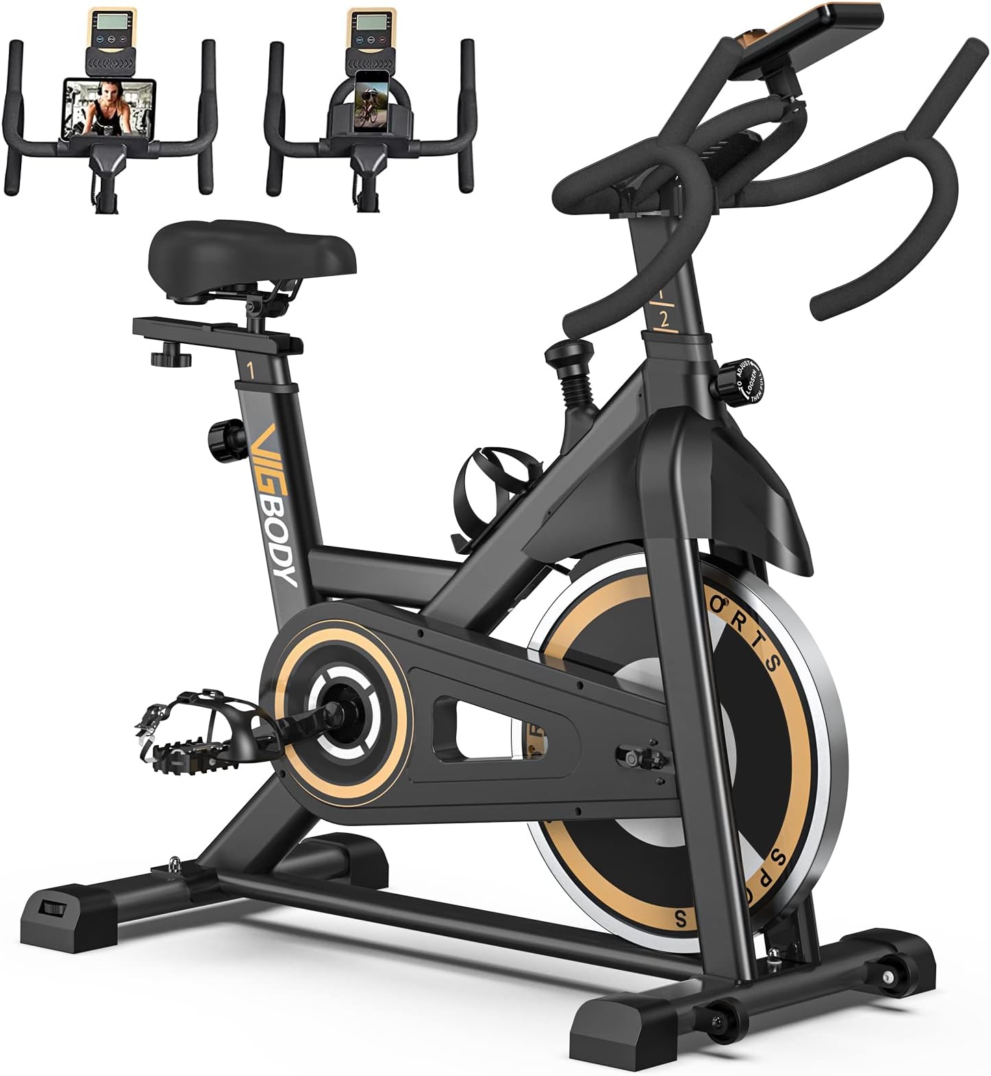 VIGBODY Exercise Bike, Stationary Bike for Home Gym, Magnetic Resistance Indoor Cycling Bike w/Comfortable Seat Cushion & Ipad holder, LSilent Belt Drive Indoor Bike for Cardio Workout with 330lbs Weight Capacity