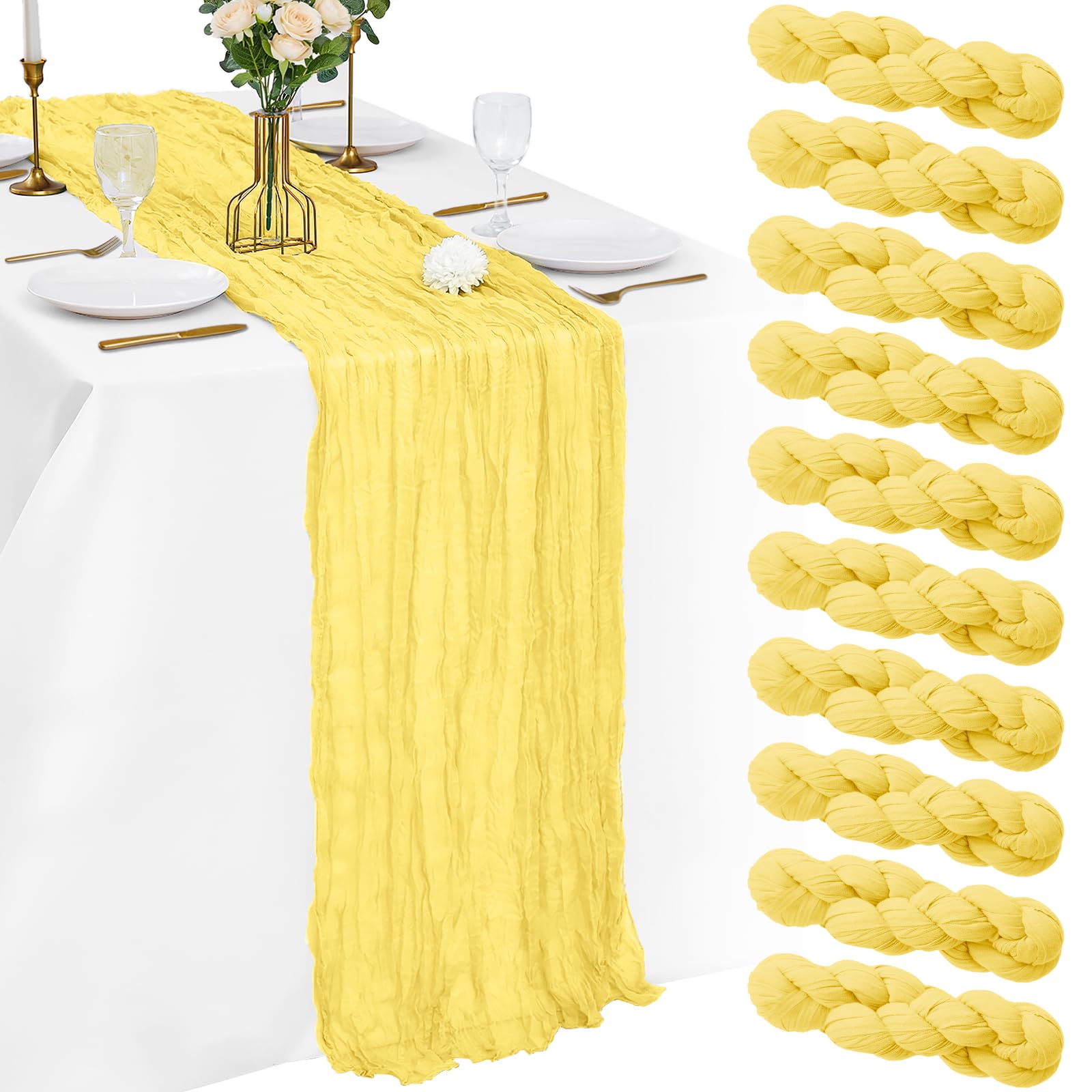 Photo 1 of 10 Pack Light Yellow Cheesecloth Table Runner 21x120 Inches Boho Gauze Table Runners, Rustic Semi Sheer Cheese Cloth Fabric for Easter Wedding Party Baby Shower, Long Vintage Table Runner for Dining