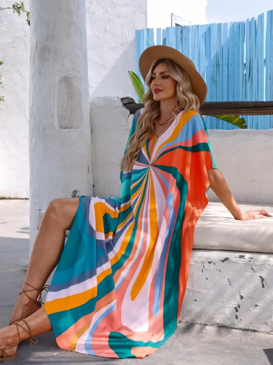 Moss Rose Kaftan Dresses for Women V Neck Summer Swimsuit Cover up Caftan Maxi Beach Dresses