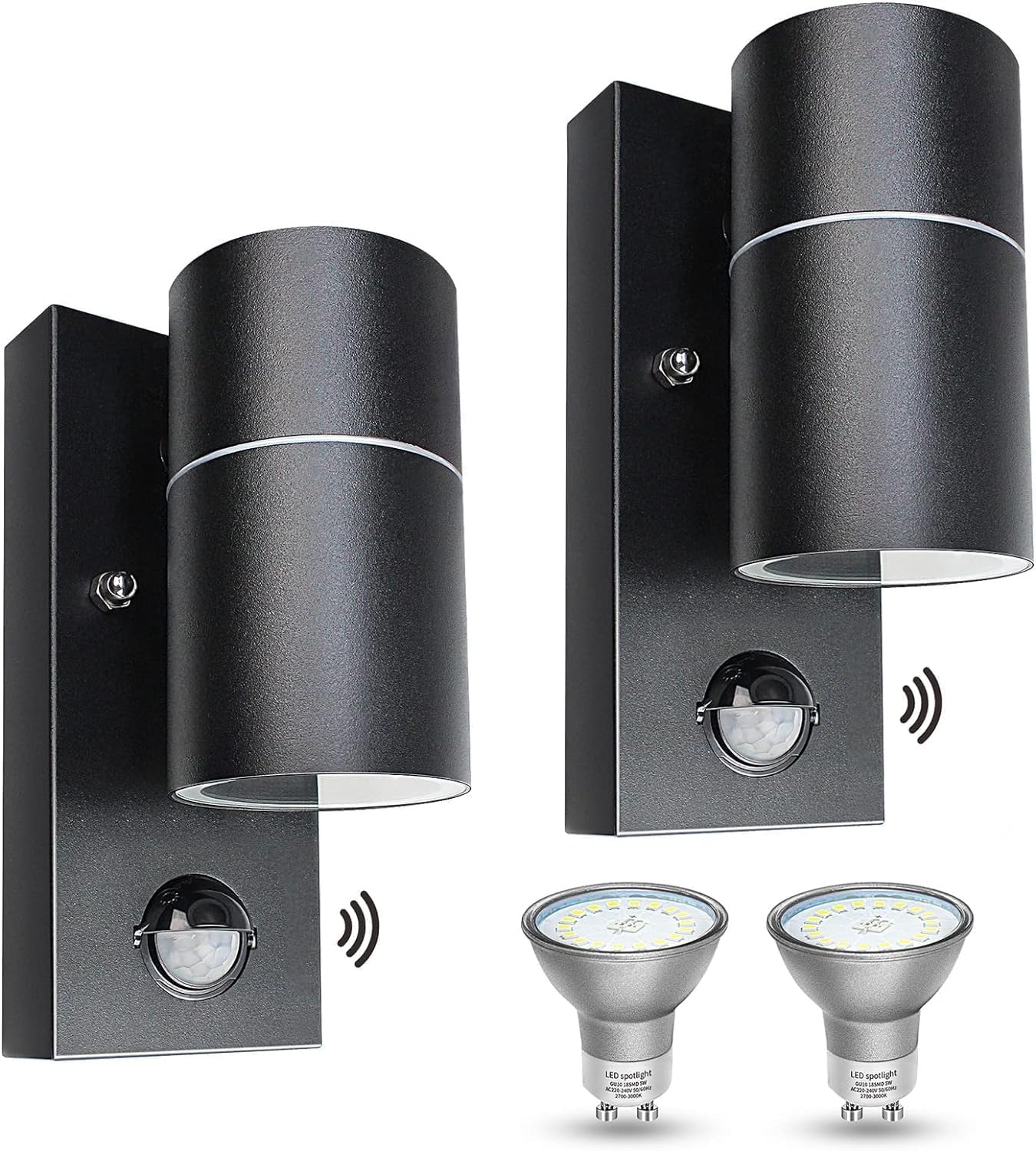 Applique Murale Exterieur/Intérieur Détecteur de Mouvement Noir 5W,Éclairage Exterieur avec Detecteur Mouvement LED Moderne GU10 500lm Blanc Chaud 3000K IP44 Étanche Lot de 2