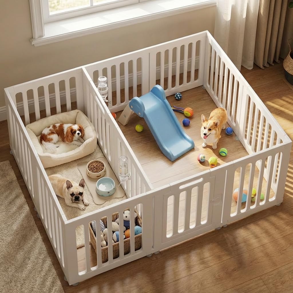 Dog Playpen with Door, Portable Large Puppy Playpen for Indoor & Outdoor Use, Tool-Free Assembly Modern Pet Play Pen for Dogs, Cats & Rabbit Cage