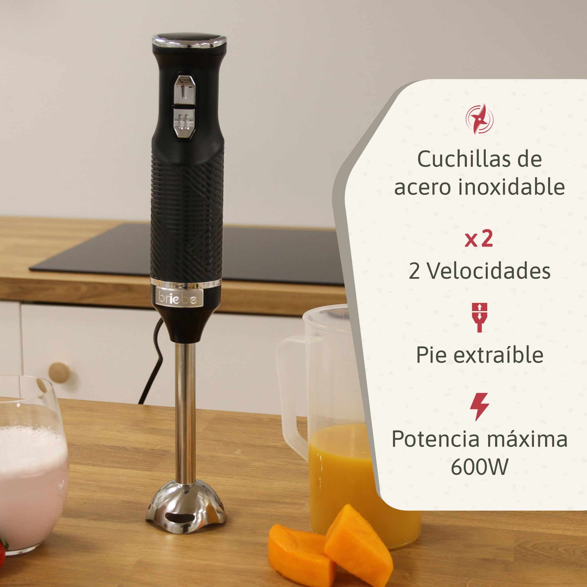 briebe Elegance Set Batidora de Mano 600W, 2 Velocidades Pie Desmontable Acero Inoxidable + Batidora de Varillas Eléctrica 400W, Amasadora de Mano Especial Repostería 5 Velocidades + Turbo (Negro)