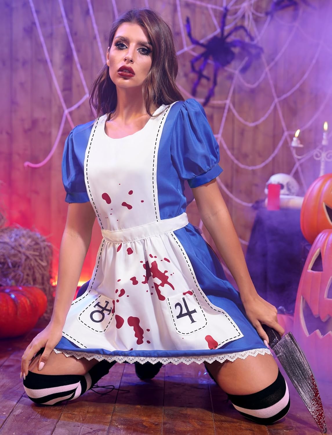 For G and PL Halloween Women Aliec Adult Novelty Dress One Piece Puff Sleeve Apron Broken Bloody Cosplay Scary Costume Blue L - Image 4