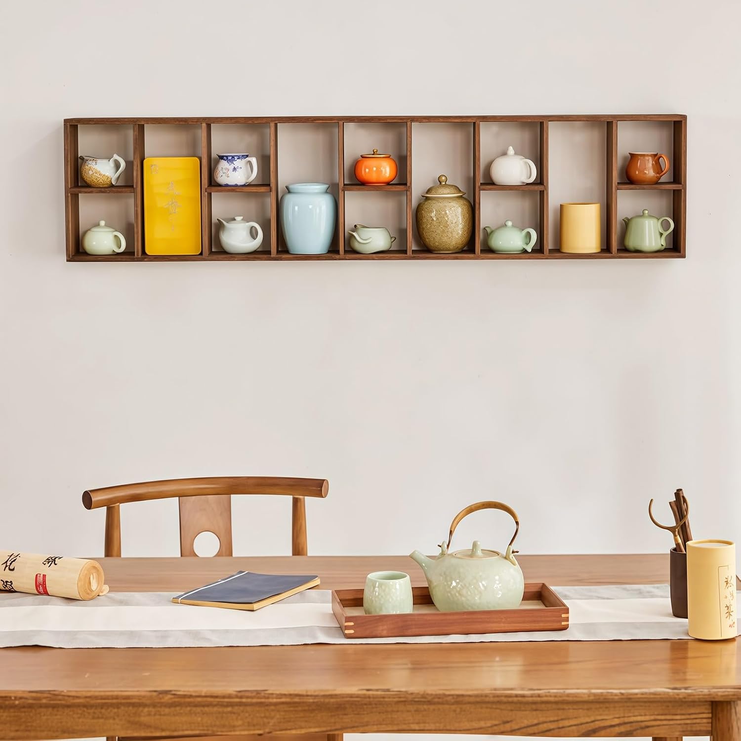Solid Wood Wall-Mounted Storage Rack,Rectangular Modern Tea Set Rack,Hanging Curio Shelf,for Stury,Offices,Living Room