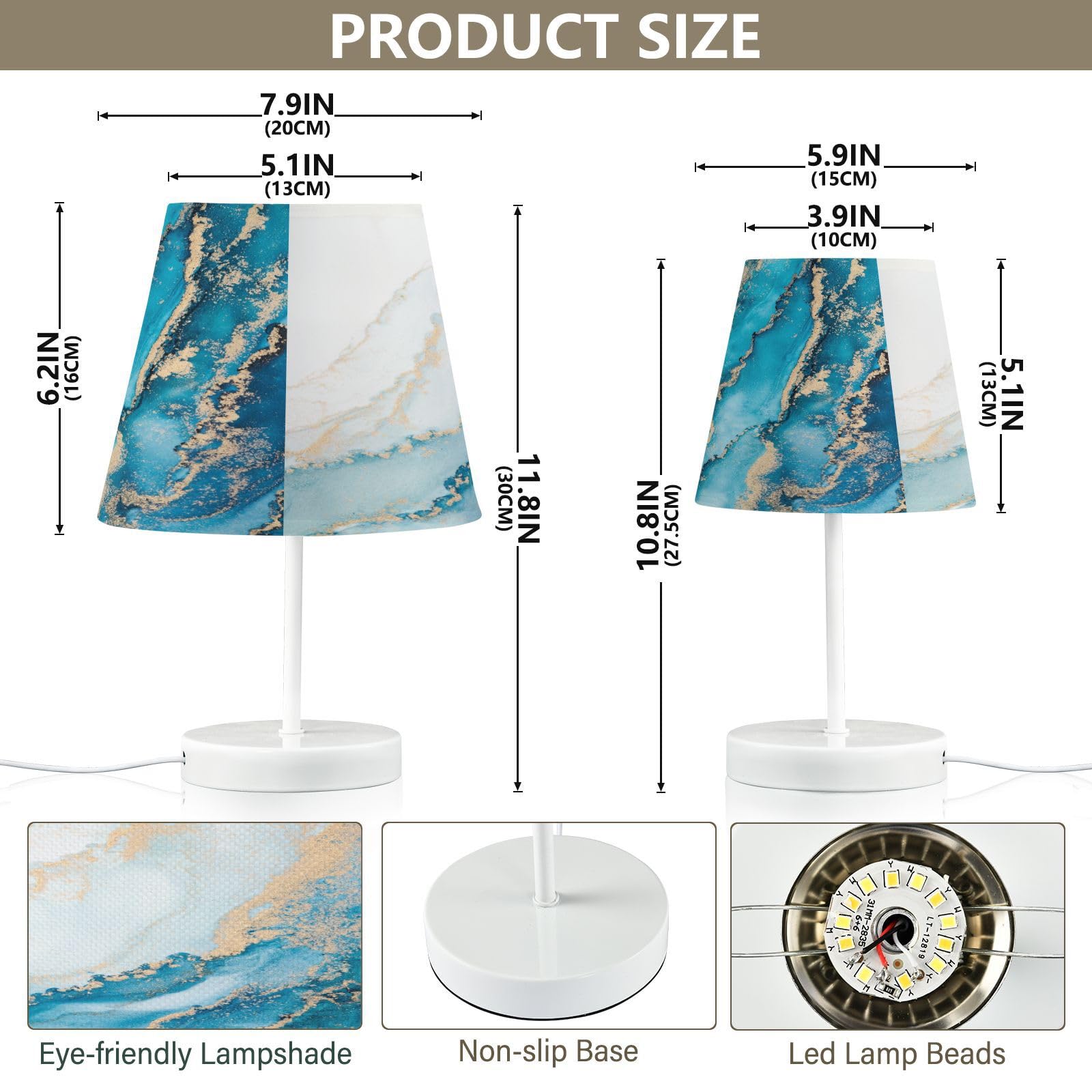 Mnsruu Bedside Table Lamps with USB Ports, Teal Turquoise Gold Marble Pattern Nightstand Desk Lamps for Bedroom Living Room, Office,S - Image 3