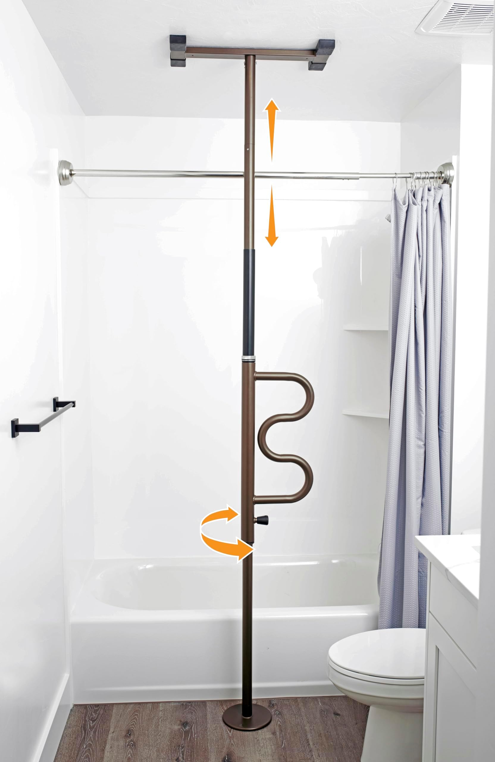 Stander Wonder Pole, Security-Pole and Curve Grab Bar, Tension Mounted Floor to Ceiling Transfer-Pole for Seniors, Elderly Adults, Bathroom Safety Assist and Stability Rail, Bronze