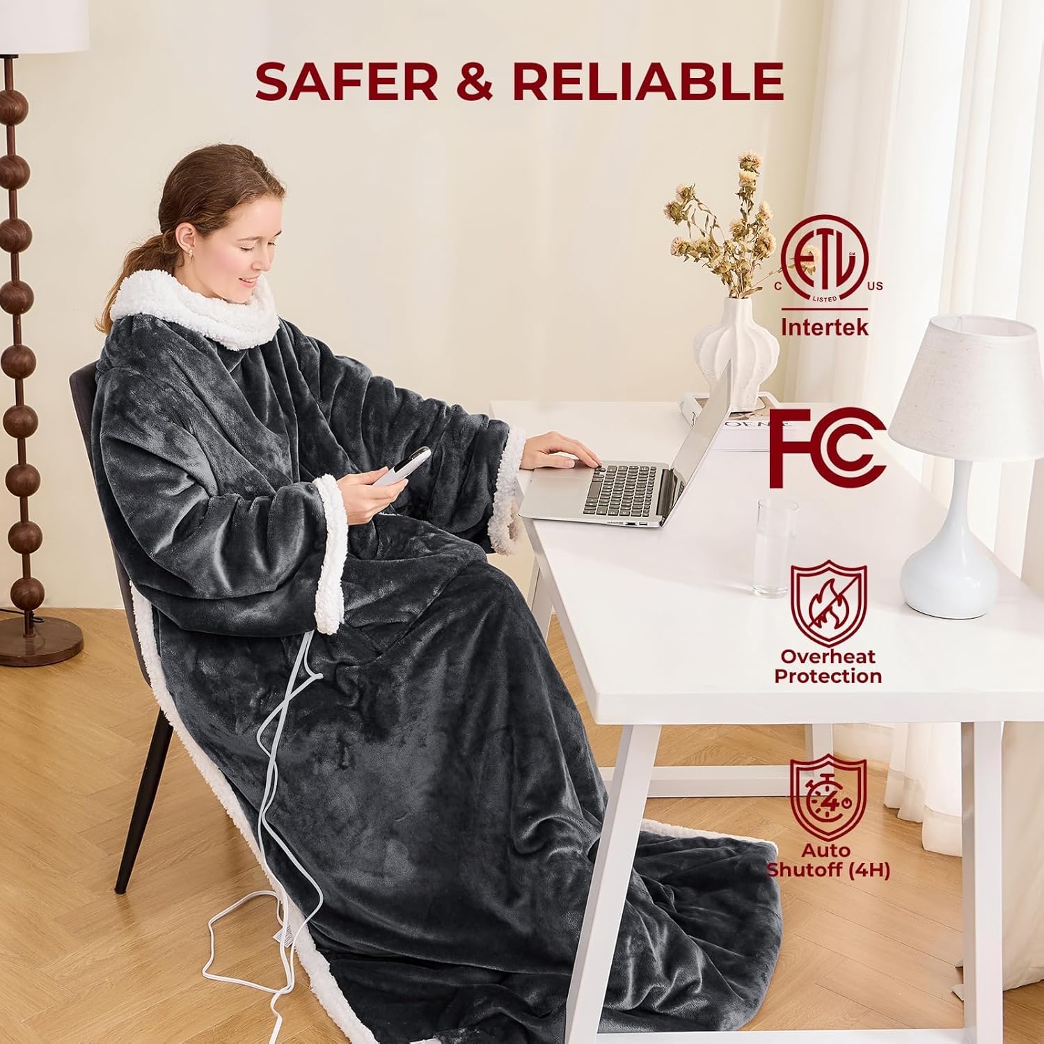 JOLLYVOGUE Wearable Heated Blanket - Heating Electric Blanket with Sleeves & Foot Pocket, Heated Throw for Adult, Birthday Gifts with 7 Heat Settings & fixed 4h Auto Shut-off (50*70 Inch, Dark Grey) - Image 6