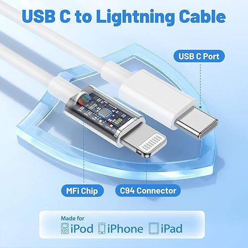 Miniatura 4 de Cable USB C a Lightning, paquete de 2 unidades de 6 pies + 10 pies, [certificado Apple MFi], cable de carga rápida para iPhone, cable de carga tipo