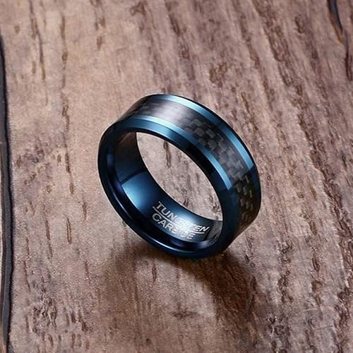 Miniatura 3 de Black and Blue Mens Wedding Band, Engravable Tungsten Rings for Men 8MM with Carbon Fiber Inlay