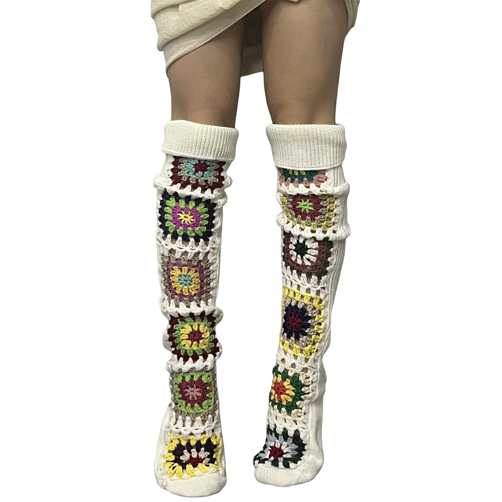 FEORJGP Womens Granny Square Over Knee High Socks Crochet Knitted Stockings Tube Long Leg Warmers Cable Thigh High Boot Socks
