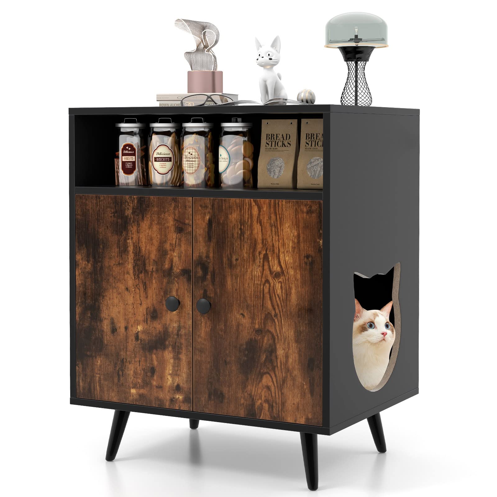 GYMAX Wooden Cat Litter Box Enclosure, Hidden Kitty Washroom Storage Cabinet Nightstand Side Table with 2 Doors and Open Compartment, Cat House Pet Crate for Living Room & Bedroom